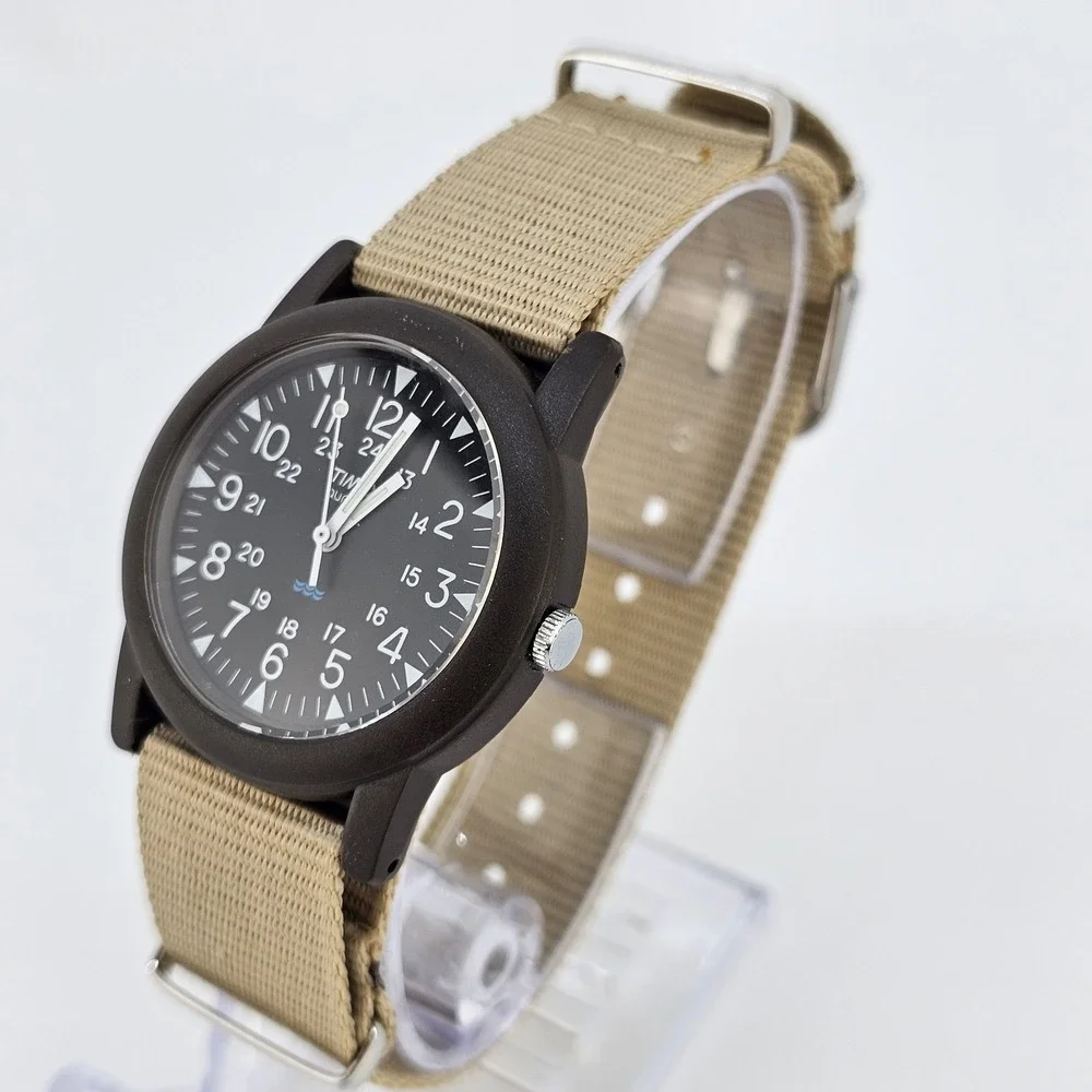 2011 Timex Camper Men Field Watch 34MM Black Dial New Tan Canvas Band NewBattery